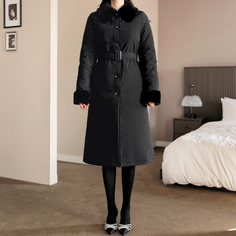 【韓服スタイル】ベロンド ファーコート 長袖 ロング丈 ベルト 無地 上品 シンプル 着こなし クラシック レトロ 秋 冬 ブラック FREE XL｜好きなものいっぱい眞眞