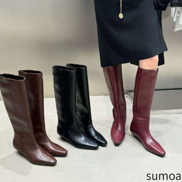 成年者のロングブーツ 乗り尻ブーツ なめし革 科学技術者ブーツ 脚長 美脚 ウェッジソール 置き目踵 歩き分かりやすい 走れる チャンキーヒール ポインテッドトゥ ロングブーツ 濫りがわしい 本革