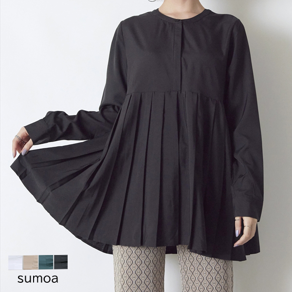 プリーツシャツ ブラウス フレア プリーツブラウス バンドカラー チュニック シャツ