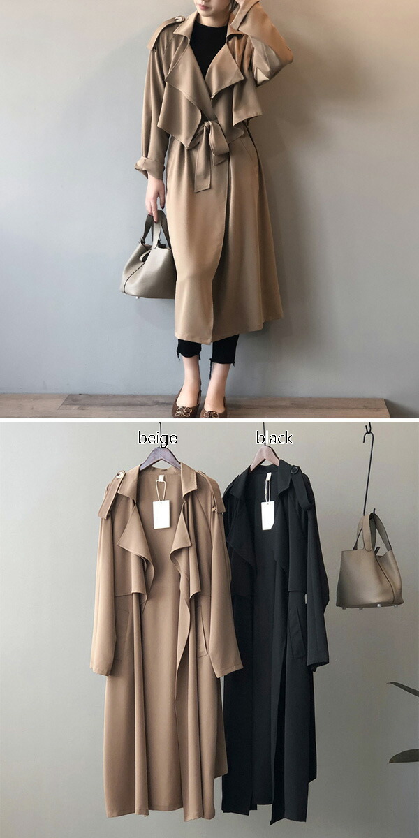 トレンチコート スプリングコート ジャケット リボン ガウン ウエストーク テロンチ ロング丈 とろみ 羽織 ひざ丈 アウター