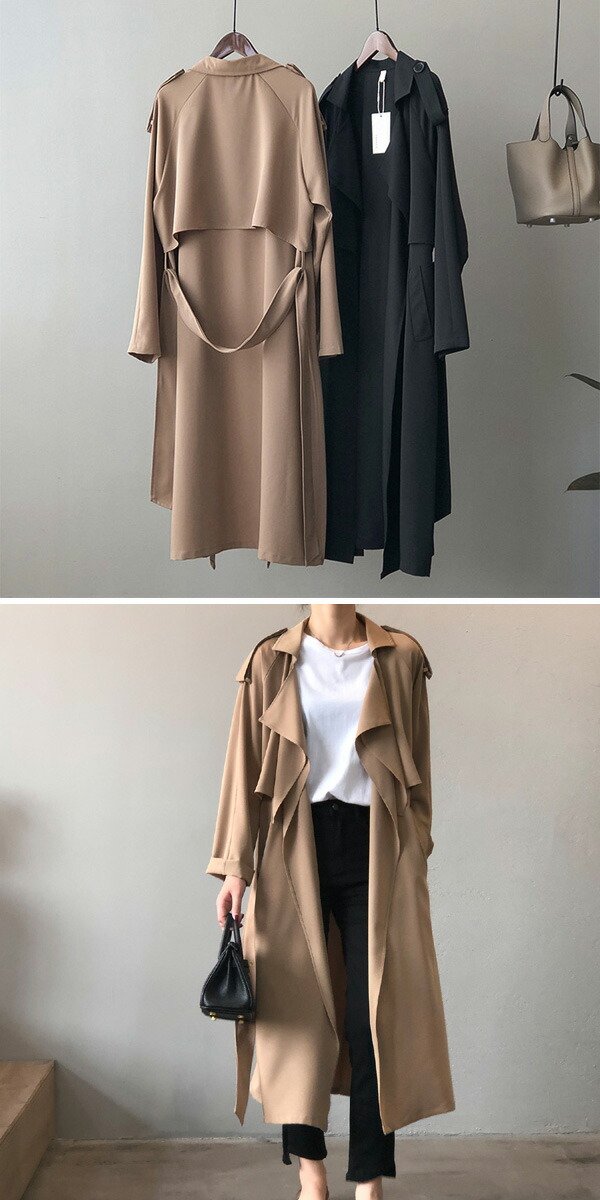 トレンチコート スプリングコート ジャケット リボン ガウン ウエストーク テロンチ ロング丈 とろみ 羽織 ひざ丈 アウター