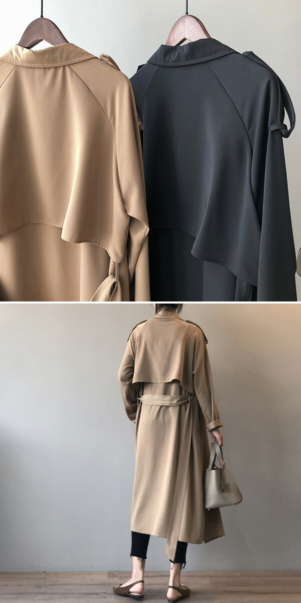 トレンチコート スプリングコート ジャケット リボン ガウン ウエストーク テロンチ ロング丈 とろみ 羽織 ひざ丈 アウター