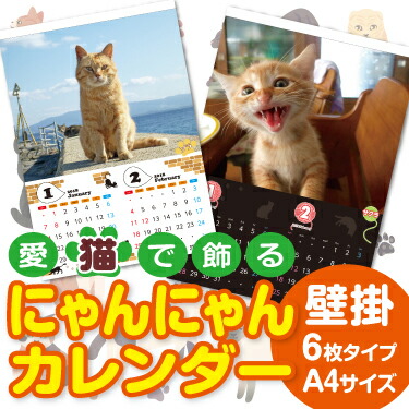 楽天市場 にゃんにゃんカレンダー 壁掛け 6枚タイプ サイズ 1冊 愛猫写真で簡単作成 名入れ無料 オリジナル フォト カレンダー オーダーメイド名入カレンダー スリコム