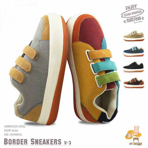 スニーカー レディースシューズ レディースファッション 靴 GODDESS ゴッデス ベルクロ ボーダー enbridgeインソール サーフブランド湘南 茅ヶ崎 フットウェアライン 分厚い クッション性 ミッドソール グリップ力 アウトソール ステッチ1トーン明るい縫製 縫い目強調 吸水性