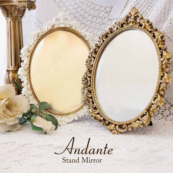 卓上ミラー ミラー ドレッサー 家具 インテリア Andante アンダンテ スタンド ウォールミラー オーバル ヨーロピアン調 ウォール両用可能 背面上部フック 上品フレーム 使い勝手良い形 アンティークホワイト アンティークゴールド お部屋のイメージに 4,721円
