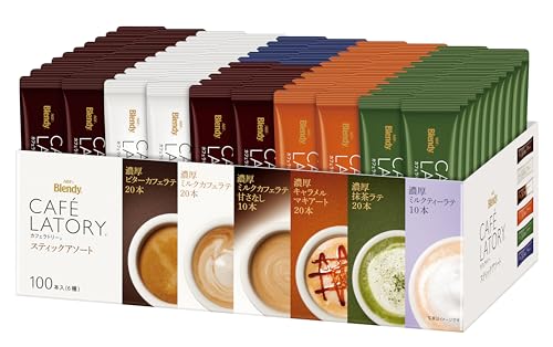 AGF ブレンディ カフェラトリー スティック アソート 100本 コーヒー 詰め合わせ 差し入れに ビターカフェラテ、ミルクカフェラテ、キャラメルマキアート、抹茶ラテ 各20本、ミルクカフェラテ甘さなし、ロイヤルミルクティー 各10本｜TalesStore 店
