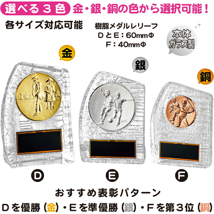 選べる3色(金・銀・銅)トロフィー盾ガラス製表彰盾楯名入れトロフィーゴルフゴルフコンペトロフィー野球トロフィーサッカートロフィーバスケトロフィーバレー音楽テニス