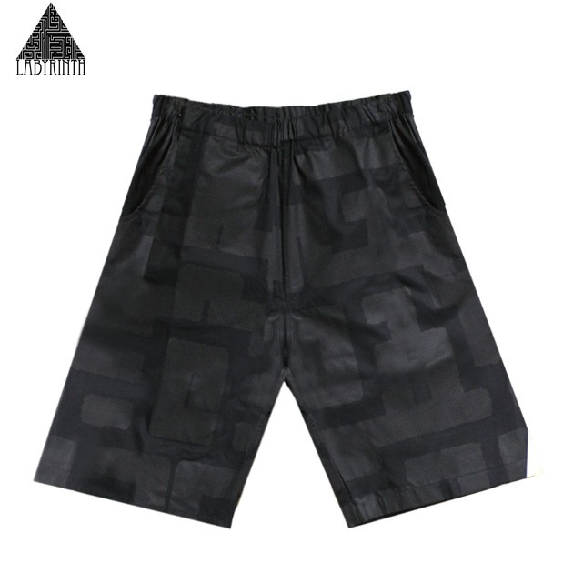 LABYRINTH | PIMPS PANTS (BLACK) ショーツ ショートパンツ ハーフパンツ 幾何学柄 ロゴ グラフィック プリント ボトムス メンズ ブラック