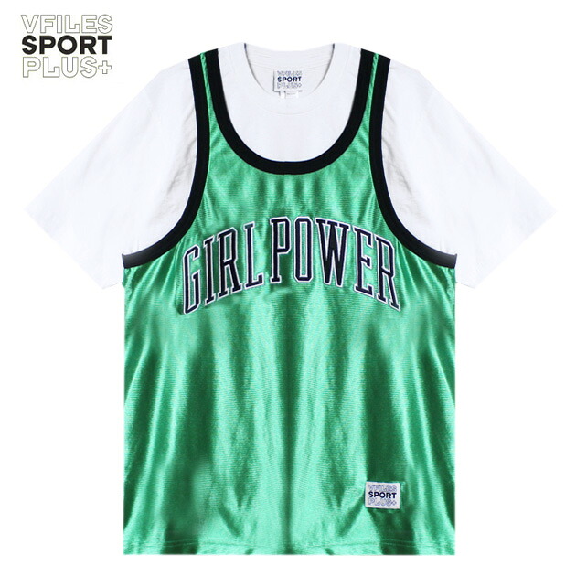 VFILES SPORT PLUS | GIRL POWER JERSEY COMBO TEE (GREEN/BLACK) Tシャツ メッシュジャージ ゲームシャツ レイヤード ロゴ グラフィック トップス グリーン ブラック