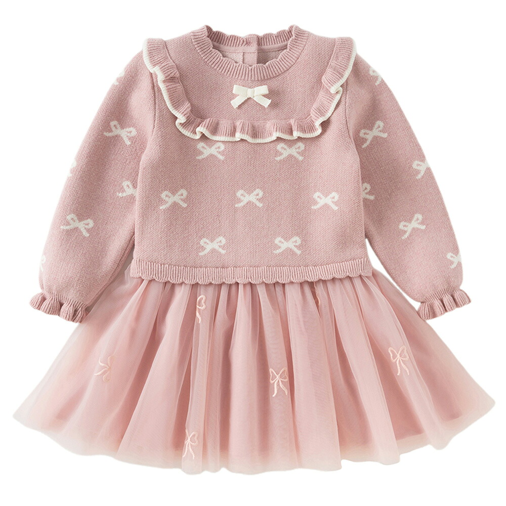 子供服 ワンピース キッズ 女の子 長袖 ニットワンピース ドレス 発表会 セレモニードレス チュチュ チュール お祝い ギフト 春 秋 冬 70 80 90 100 110 120 130 140cm db3253166 dave&bella デイブベラ