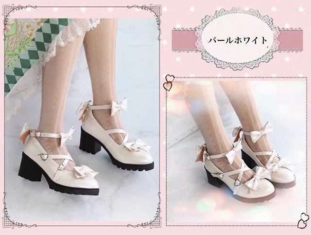 リボンガーリーおでこパンプススウィートハート型取り外し自由取り外し可能甘ロリクラロリ5cmヒール学生