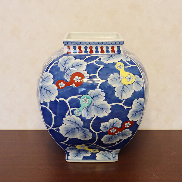 【貨物輸送無料】有田焼 染錦ひょうたん絵花立て（木箱付） 18-079