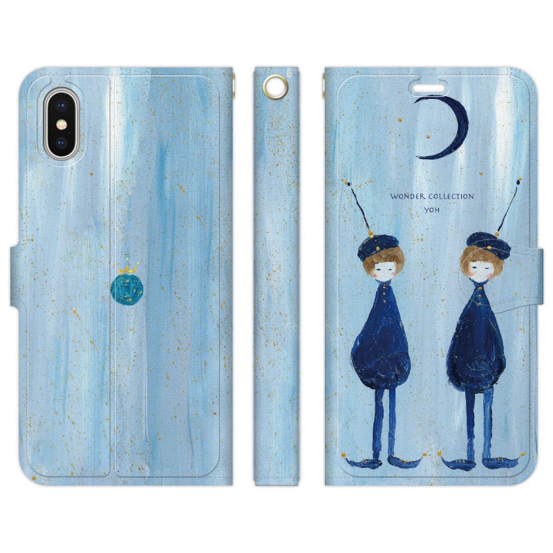 楽天市場 ベルトなし Iphone 11 Pro Max 用スマホケース 手帳型 双子星 Wonder Collection 月 少年 双子 宇宙 少女 旅 おしゃれ よう イラスト デザイナー 可愛い アート 青 Vidamall 楽天市場店