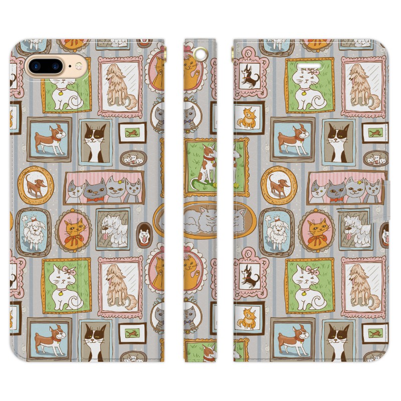 楽天市場 Iphone Plus系 8 7 6s 6 用スマホケース 手帳型 おもしろ 猫 犬 イラスト 面白い わんこ にゃんこ 犬柄 猫柄 動物柄 どうぶつ 動物 絵画 コラージュ 壁紙 ストライプ アンティーク くすみカラー Vidamall 楽天市場店