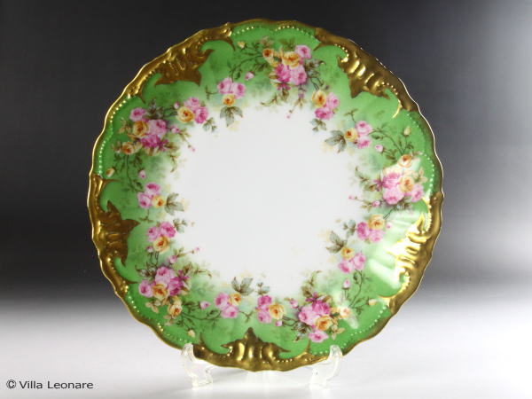 【リモージュ】Klingenberg グリーン＆金彩 2色の薔薇 プレート（24.0cm)