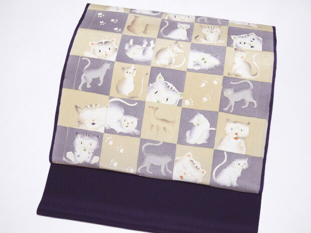 楽天市場】帯 京袋帯 正絹 召しませ花 仕立上がり お月見ネコ こげ茶