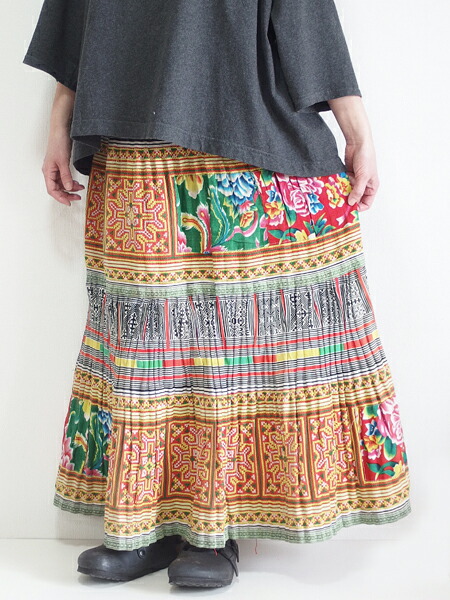 開店祝い 楽天市場 モン族スカート ロングスカート モン族手刺繍 クロスステッチ アップリケ アジア雑貨店ワルンチャンプール 国内最安値 Monik Fi