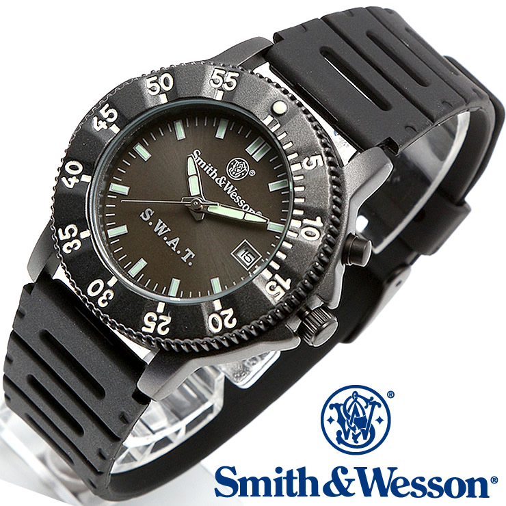 スミス＆ウェッソン Smith \u0026 Wesson 正規品 ミリタリーウォッチ 腕時計 メンズ POLICE SERIES SWAT WATCH BLACK SWW-45 ポリスシリーズ ダイバーズ ダイバー デイトカレンダー 日付 ウレタンベルト 雑誌掲載 男性用 時計