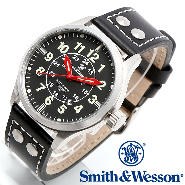 スミス＆ウェッソン Smith \u0026 Wesson 正規品 スイス トリチウム ミリタリーウォッチ 腕時計 メンズ MUMBAI LAMPLIGHTER WATCH BLACK/SILVER SWW-GRH-1 デイトカレンダー 日付 レザーベルト 雑誌掲載ブランド 男性用 時計 送料無料