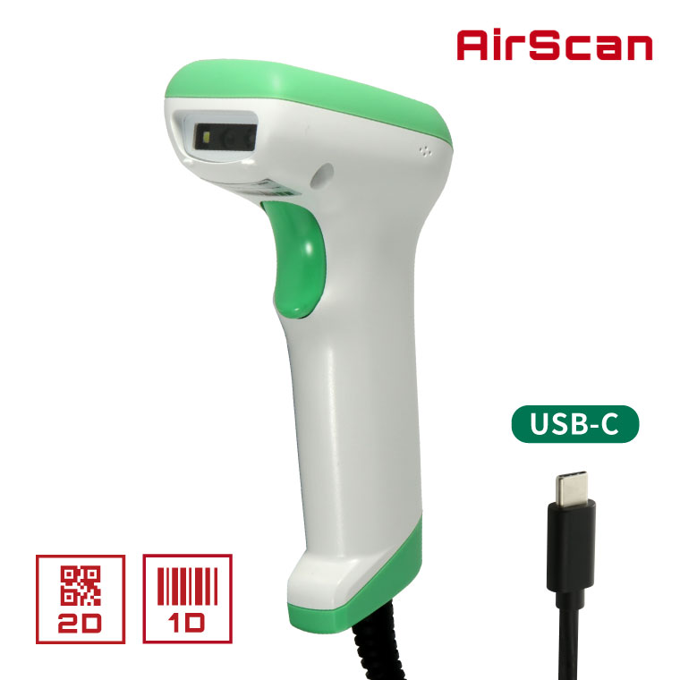 QRコードリーダー Type-C接続 有線 AIRSCAN-HC-2D-WHT-TYPEC ハンズフリー対応 2次元バーコード 2年保証 ウェルコムデザイン 業務用 法人様向け