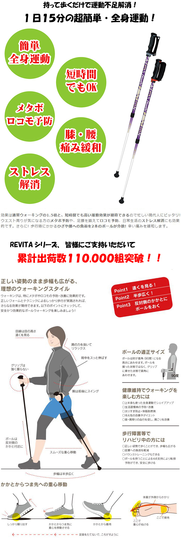 在庫限り 楽天市場 頑張って送料無料 安心の日本の老舗シナノ製ウォーキングポール Revita レビータ Laくっしょん持って歩く だけで運動不足解消 1日15分の超簡単 全身運動 運動効果は通常ウォーキングの1 5倍 固い地面での衝撃吸収で手首の負担を軽減する