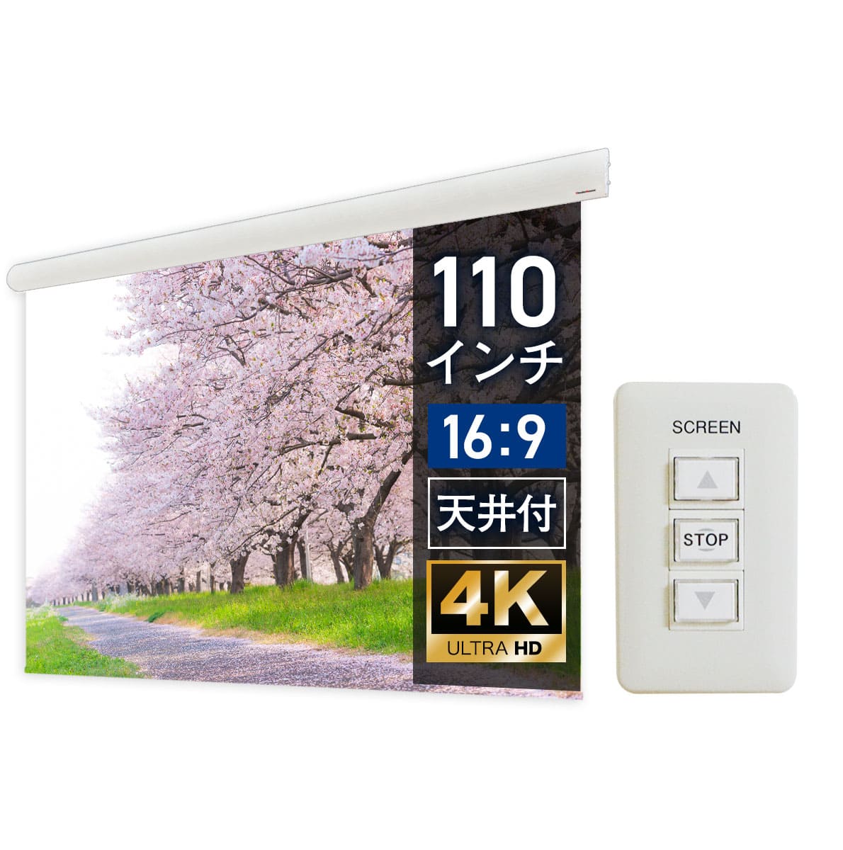大型電動スクリーン 110インチ 吊り下げ シアターハウス プロジェクタースクリーン ワイド 16:9 遠距離 大空間 大画面 体育館 4K 送料無料 日本製 プロジェクター スクリーン 110 自動 電動 壁スイッチ 有線 天吊 壁掛け 大ホール メイドインジャパン 10年保証 ケース
