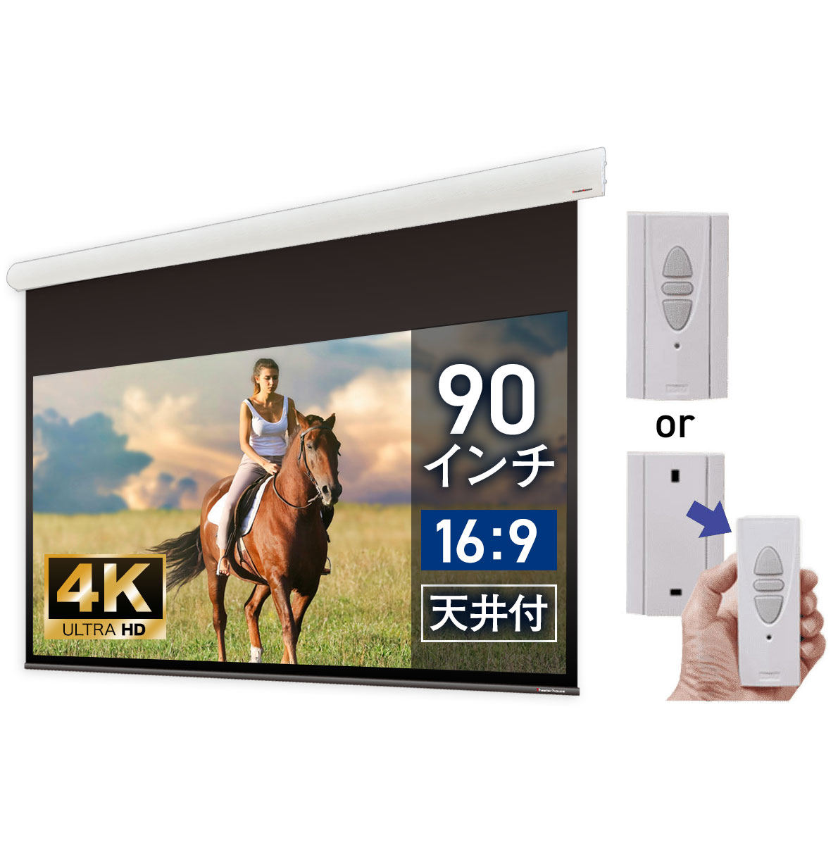 大型電動スクリーン 90インチ 吊り下げ シアターハウス プロジェクタースクリーン ワイド 16:9 遠距離 大空間 体育館 4K 送料無料 日本製 プロジェクター スクリーン 90 自動 電動 電波リモコン 天吊 壁掛け ブラックマスク 映画 メイドインジャパン 10年保証 ケース