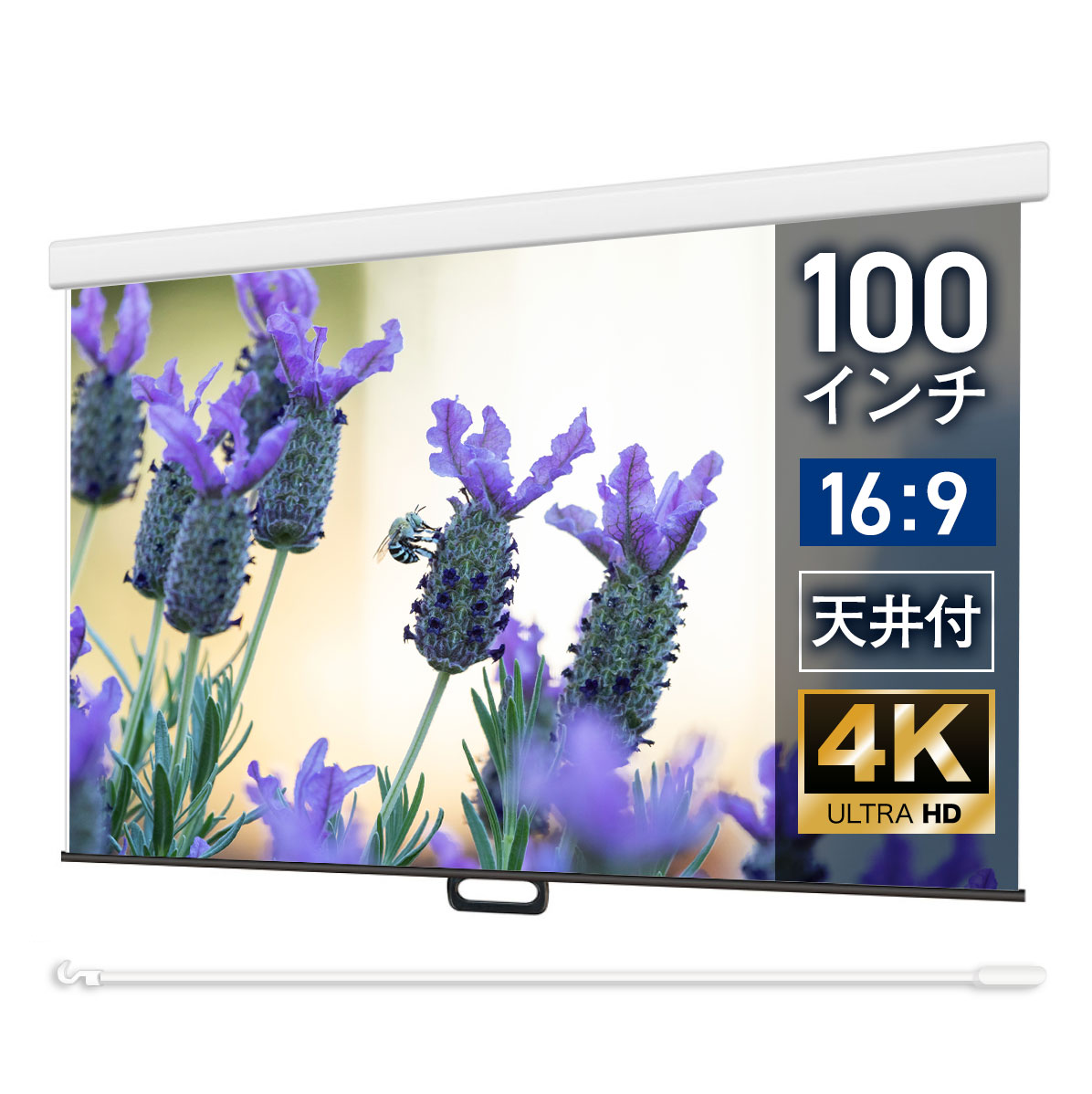 プロジェクタースクリーン 100インチ 吊り下げ シアターハウス スプリングスクリーン (16:9) 4K 送料無料 日本製 手動 スプリング (ケース付き) ロール 引っ掛け棒 天吊 壁掛け ホームシアター 会議 プレゼン 店舗 学校 生涯保証