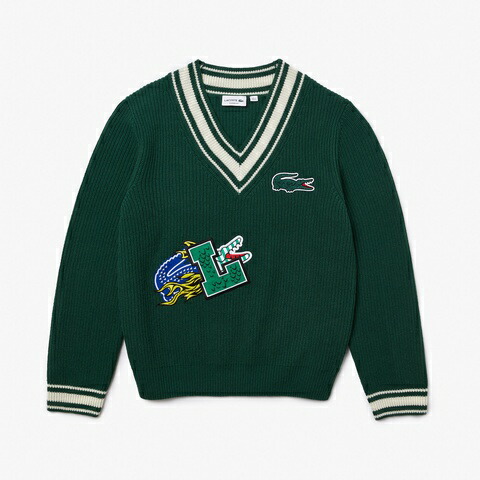 ラコステ LACOSTE コミックグラフィックワッペンＶネックセーター テニス 通学 メンズ MENS COMIC GRAPHIC PATCH V－NECK SWEATER AH0735L-YRR WHITE × GREEN