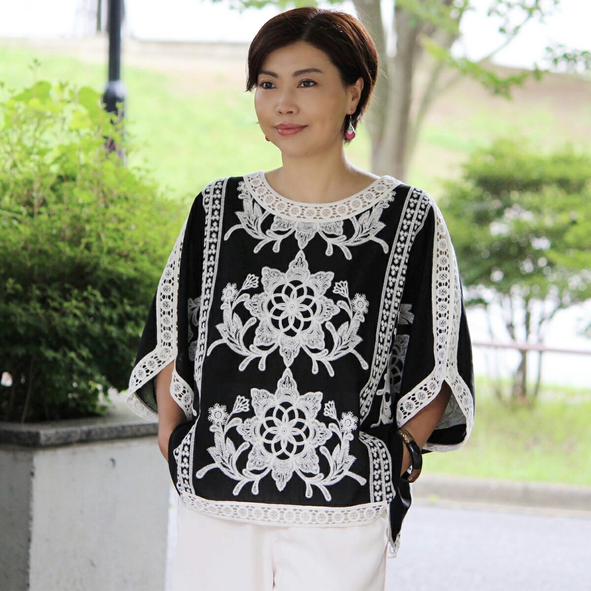 シャツ ブラウス トップス レディース 刺繍ブラウス ハシゴレース ドルマンスリーブ フラワーハシゴレース 刺繍 花柄 きれいめ おしゃれ 30代 40代 50代 春 夏 ブランド 花柄刺繍 プルオーバー ブラウス フォーマル オフィス カジュアル リゾート 旅行 送料無料