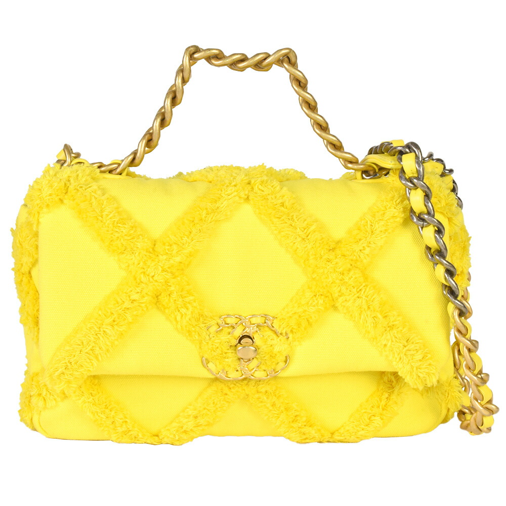 シャネル CHANEL 19 マトラッセ チェーン店 ショルダーバッグ 2WAY 帆布 なめし革 黄色 ゴールド/しろがね色金具 フリンジ 【中古】