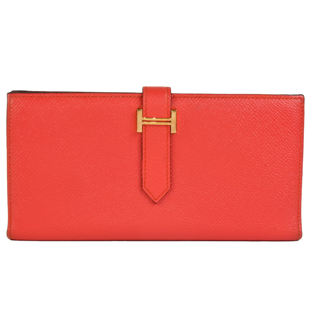 エルメス HERMES ベアン スフレ ヴェルソ 長札入れ ヴォーエプソン C目じるし(2018年生み出すこと)目じるし カプシーヌ ゴールド金具 オレンジ色系 バイ色合い【中古】