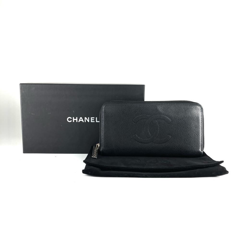 シャネル CHANEL ココマーク ラウンドチャック なめし革 A50071 黒いこと キャビア素はだ 長札入れ【中古】