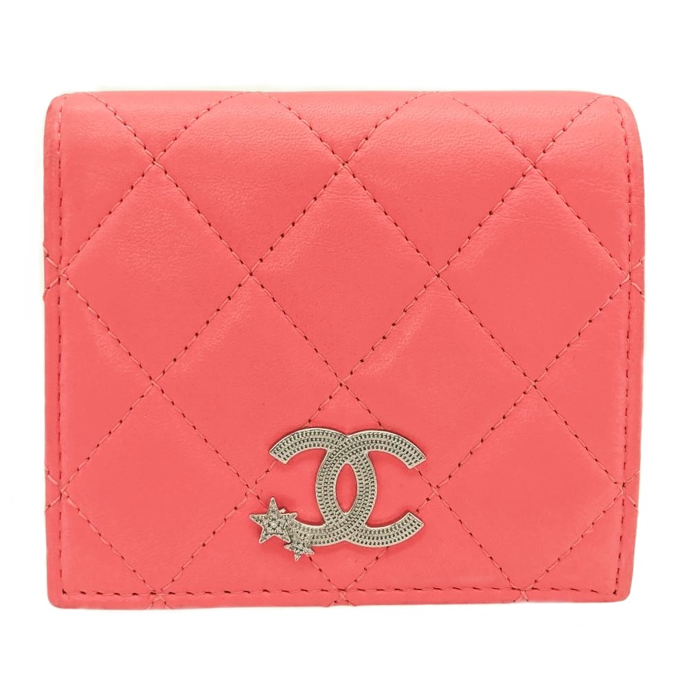 【美品】CHANEL シャネル 二つ折り財布 ウォレット アイコンライン ピンク シャネル 24C 二つ折りウォレット CC星ロゴ ホットピンク