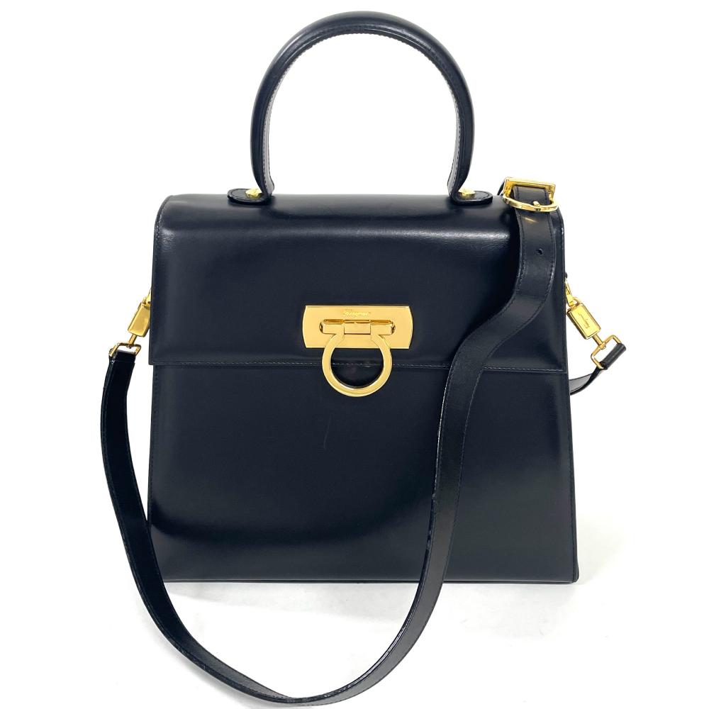 フェラガモ Ferragamo ガンチーニ ハンドバッグ 2WAY レザー ブラック【中古】｜ゴールドプラザ店