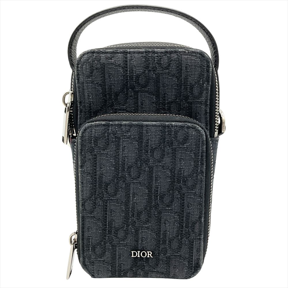 クリスチャンディオール Dior オブリークジャガード マイクロ合切袋 ショルダーバッグ 2WAY 帆布 黒いこと しろがね色金具 ユニ一発やる【中古】