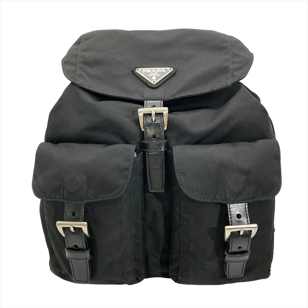 プラダ PRADA ナイロン スモール 背嚢 ナイロン なめし革 B6677 黒いこと しろがね色金具 うしろ側風呂敷き包み レディース【中古】