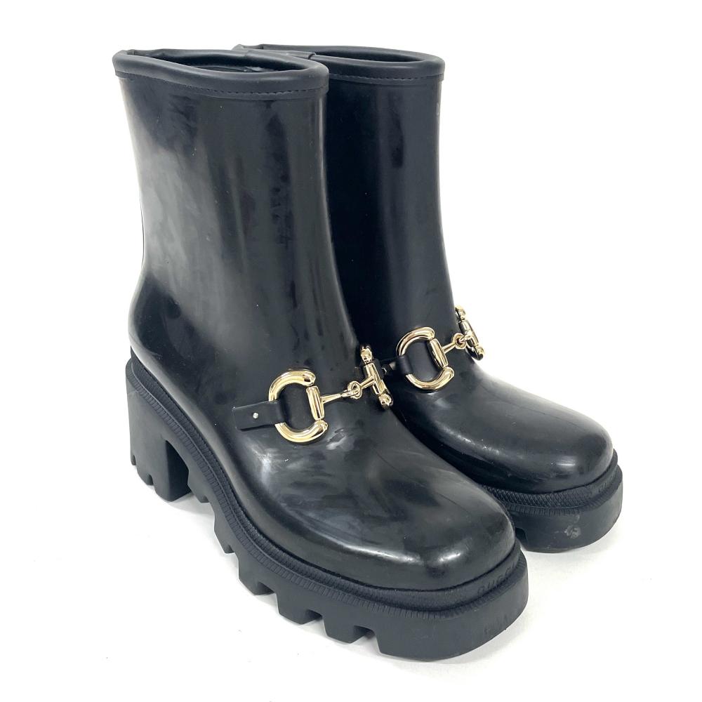グッチ GUCCI 配管ビット アンクル 降雨 ブーツ 670407 黒いこと 天然ゴム 23糎【中古】