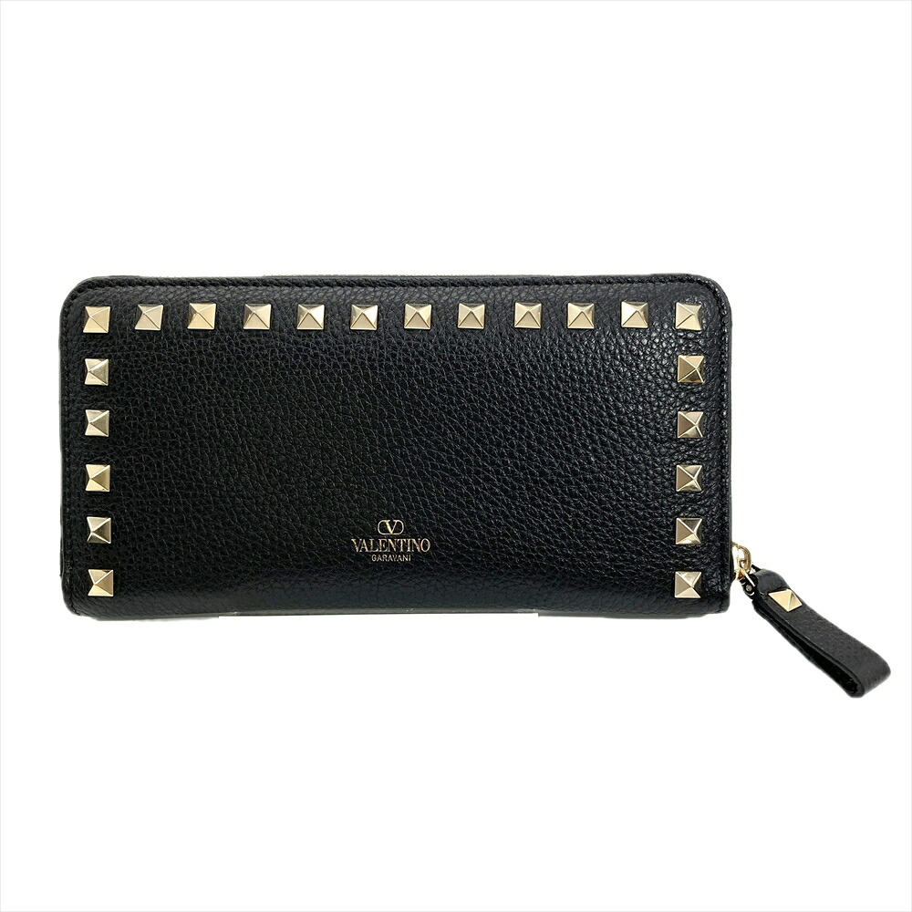 ヴァレンティノ VALENTINO ロックスタッズ 長紙入れ グレインカーフレザー 黒いこと ゴールド金具 ユニ一発やる【中古】