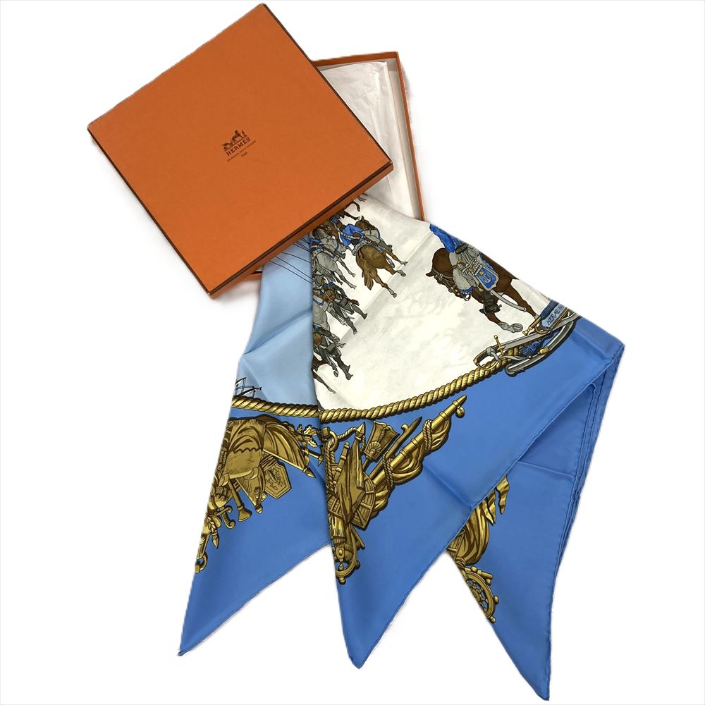 エルメス HERMES カレ90 海と騎兵隊 MARINE ET CAVALERIE  えり巻き 絹地 天の原青色 ユニ一発やる【中古】