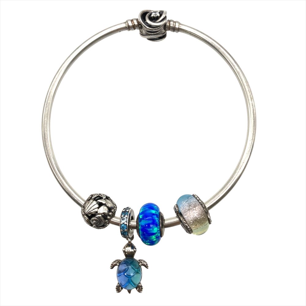 パンドラ PANDORA チャーム４点セット ブレスレット SV925 21g ブルー シルバー金具 亀 シーグラス 貝 海モチーフ ユニセックス【中古】｜ゴールドプラザ店
