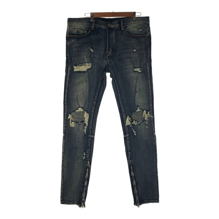 b1234【mnml】ダメージ加工　スキニーデニム　裾ジップ　28　送料無料 mnml セール開催中 ストレッチ 裾ZIPジップ ダメージクラッシュ