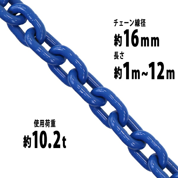 送料無料 チェーン 線径約16mm 使用荷重約10.2t 約10200kg 約1m~約12m G100 ハイグレードモデル 鎖 くさり 吊り具 チェーンスリング スリングチェーン リンクチェーン チェイン 金具 クレーン ホイスト 玉掛け 吊り上げ 運搬 建築 土木 鉄工 運輸 造船 青 g100bchain16mm｜GOLDSPACE