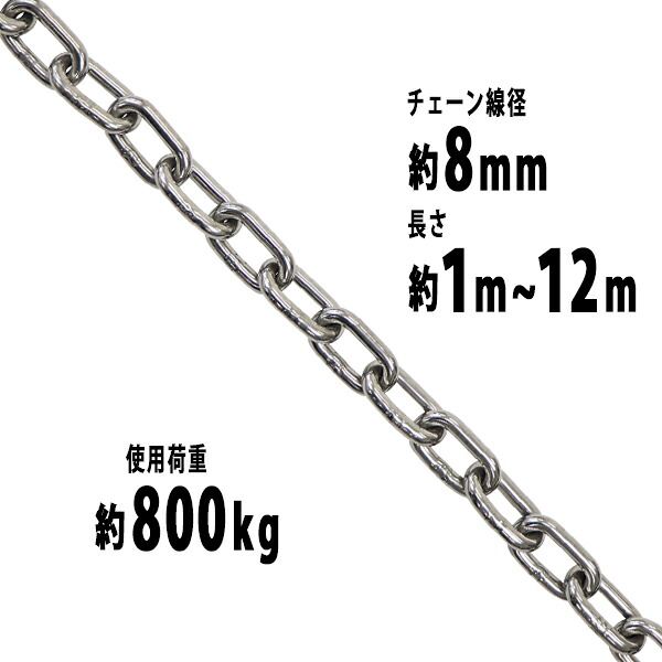 送料無料 ステンレスチェーン チェーン 線径約8mm 使用荷重約800kg 約1m~約12m SUS304 JIS規格 ステンレス製 鎖 くさり 吊り具 チェーンスリング スリングチェーン リンクチェーン チェイン 金具 クレーン ホイスト 玉掛け 吊り上げ 建築 工場 水まわり suschain8mm|GOLDSPACE