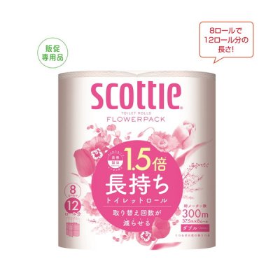 スコッティ　フラワーパック1.5倍長持ち8ロール（ダブル）80個セット販売　８ロールで１２ロール分の長さです　ティッシュ　販促品・景品・ノベルティ