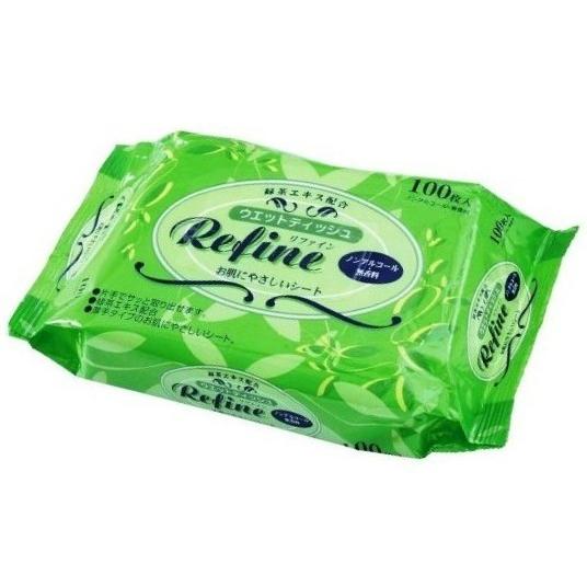 リファイン 緑茶エキス配合ウェットティッシュ100枚　72個セット販売　ノンアルコール・無香料　ウエット　携帯用　販促品・景品・ノベルティ・粗品