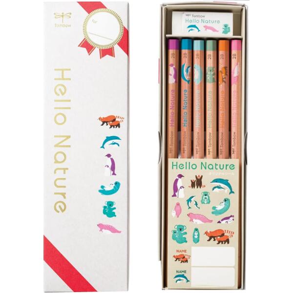 トンボ ハローネイチャー ギフト用えんぴつセット (MP-KHN2-2B)　12個セット販売　入学や進級のお祝いやプレゼントにおすすめ　ワンポイントの動物柄がかわいい鉛筆　販促品・景品・ノベルティ・記念品