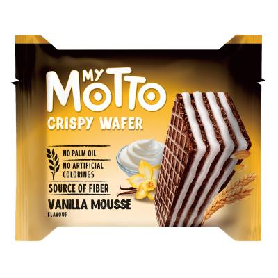 Ｍｙ　Ｍｏｔｔｏ　バニラムース３０ｇ　80個セット販売　着色料・パームオイル不使用のハラル認証商品　ブルガリアのサクサクウエハースとたっぷりふわふわクリームでとにかく美味しいウエハースです。 クリーム多めでウエハース特有のパサつきがありません。｜ゴールドスター 8,247円