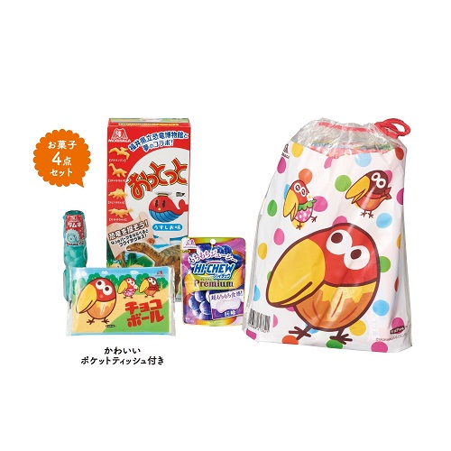 お菓子景品　森永キョロちゃん 4点セット　60個セット販売　お菓子3点とポケットティッシュ付き　子供会景品　運動会　イベント景品　販促品・ノベルティ・粗品・記念品