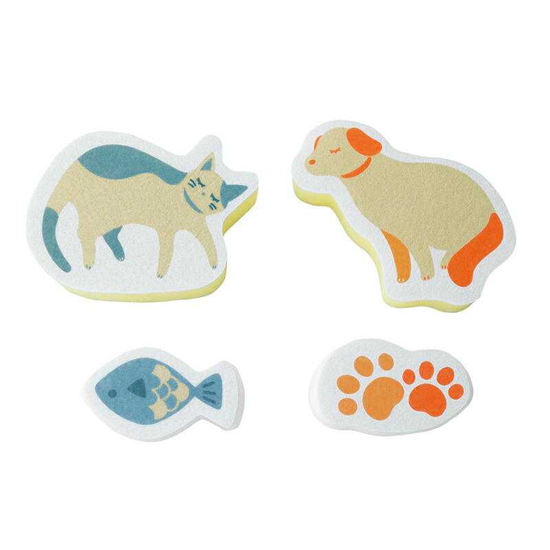 DOG&CATキッチンスポンジ4Pセット　72個セット販売　かわいいわんことにゃんこのキッチンスポンジ。愛らしい見た目だけでなく実用性も抜群です